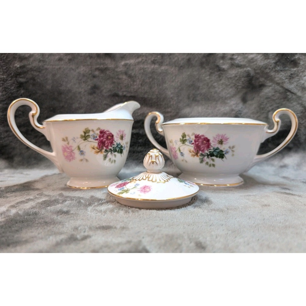 Vintage‎ Floral Creamer and Sugar Bowl Set Gold Trim Rose Flower